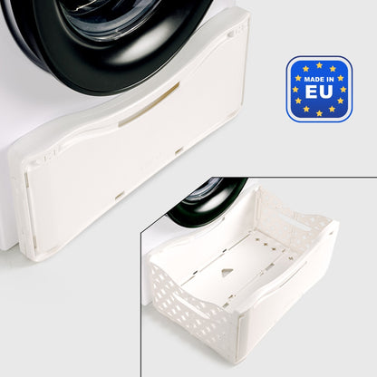 Panière magnétique pliable pour linge, s’accrochant contre la machine à laver, fabrication EU, design blanc.