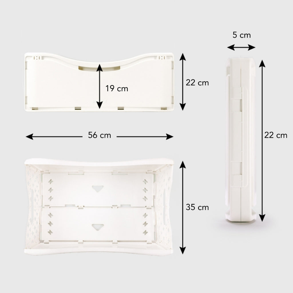 Panier à linge magnétique pliable, conçu pour se ranger contre la machine à laver; dimensions indiquées: 56×19×22 cm déployé, 56×19×5 cm replié. MADE IN EU.