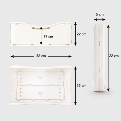 Panier à linge magnétique pliable, conçu pour se ranger contre la machine à laver; dimensions indiquées: 56×19×22 cm déployé, 56×19×5 cm replié. MADE IN EU.