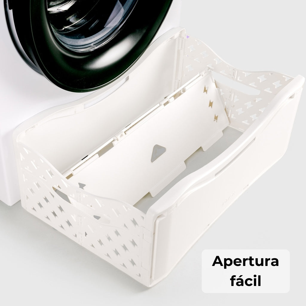 Cesta de plástico magnética, plegable y desmontable, que se fija contra la lavadora con cierre fácil y elegante diseño blanco. FABRICADA EN LA UE. 